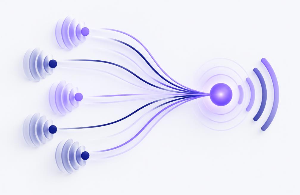 Illustrative graphic of listening signals converging into one insight